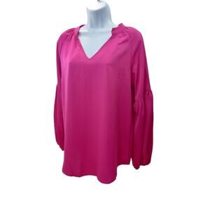 Women's Small V-Neck Blouse Hot Pink Long Balloon Sleeve